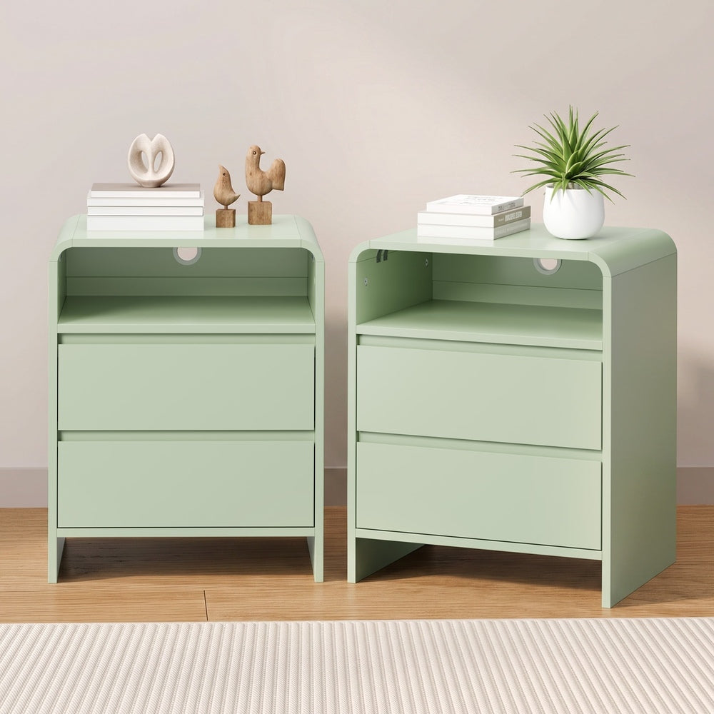 Oikiture 2PC Bedside Tables 2 Drawers Open Shelf Handle-Free Green