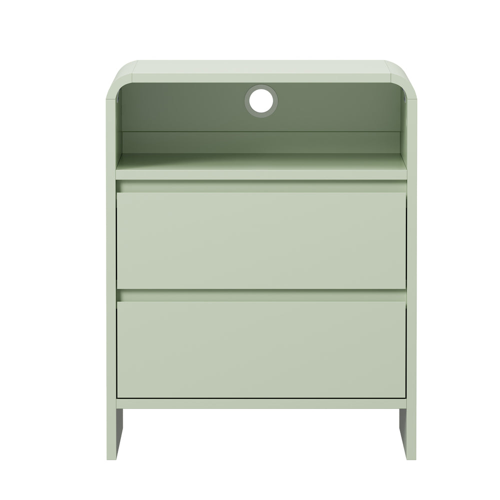Oikiture 2PC Bedside Tables 2 Drawers Open Shelf Handle-Free Green