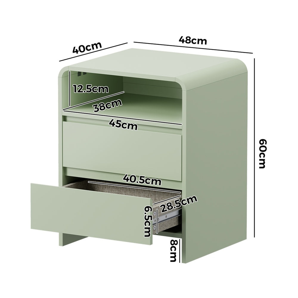 Oikiture 2PC Bedside Tables 2 Drawers Open Shelf Handle-Free Green