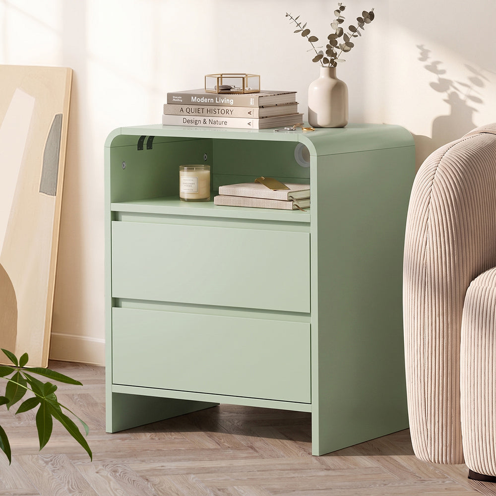 Oikiture 2PC Bedside Tables 2 Drawers Open Shelf Handle-Free Green