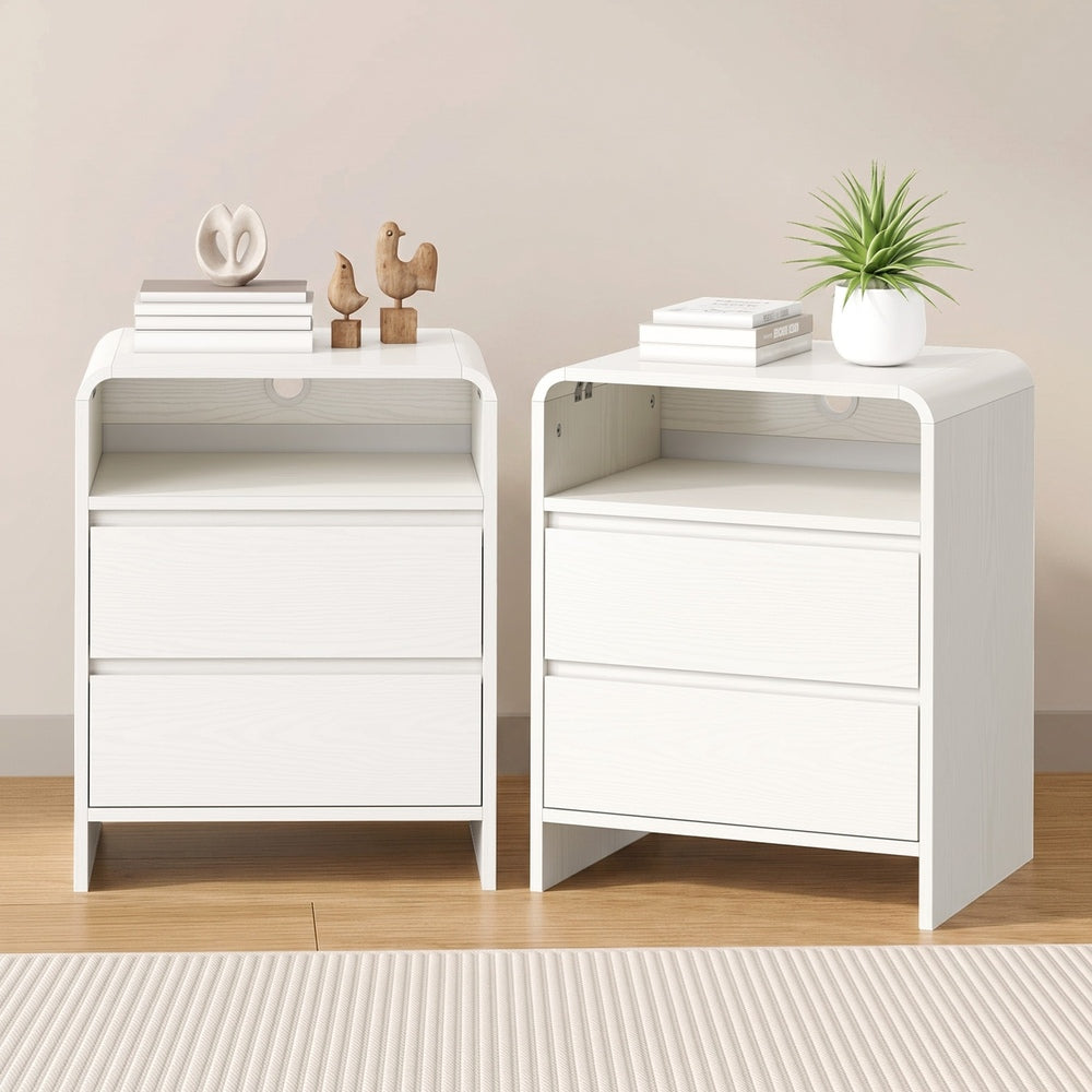 Oikiture 2PC Bedside Tables 2 Drawers Open Shelf Handle-Free White