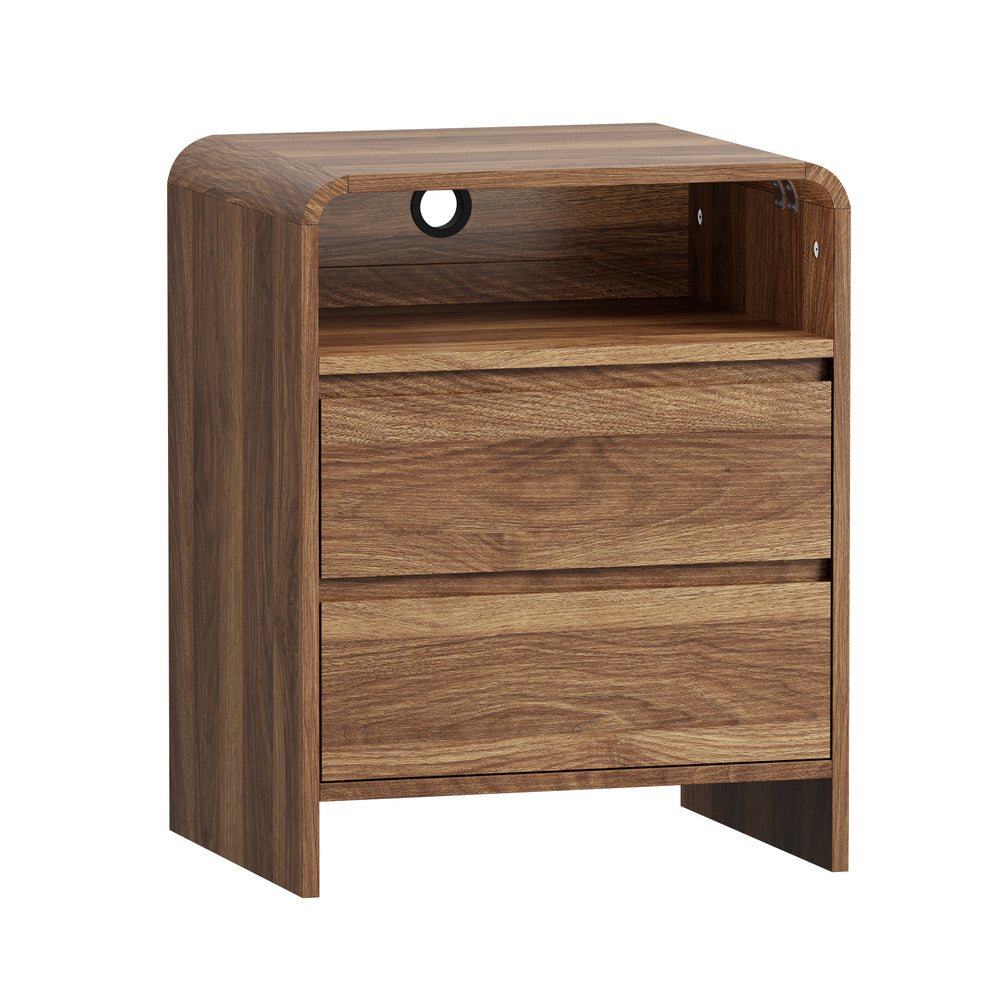 Oikiture Bedside Table 2 Drawers Open Shelf Handle-Free Walnut Nightstand