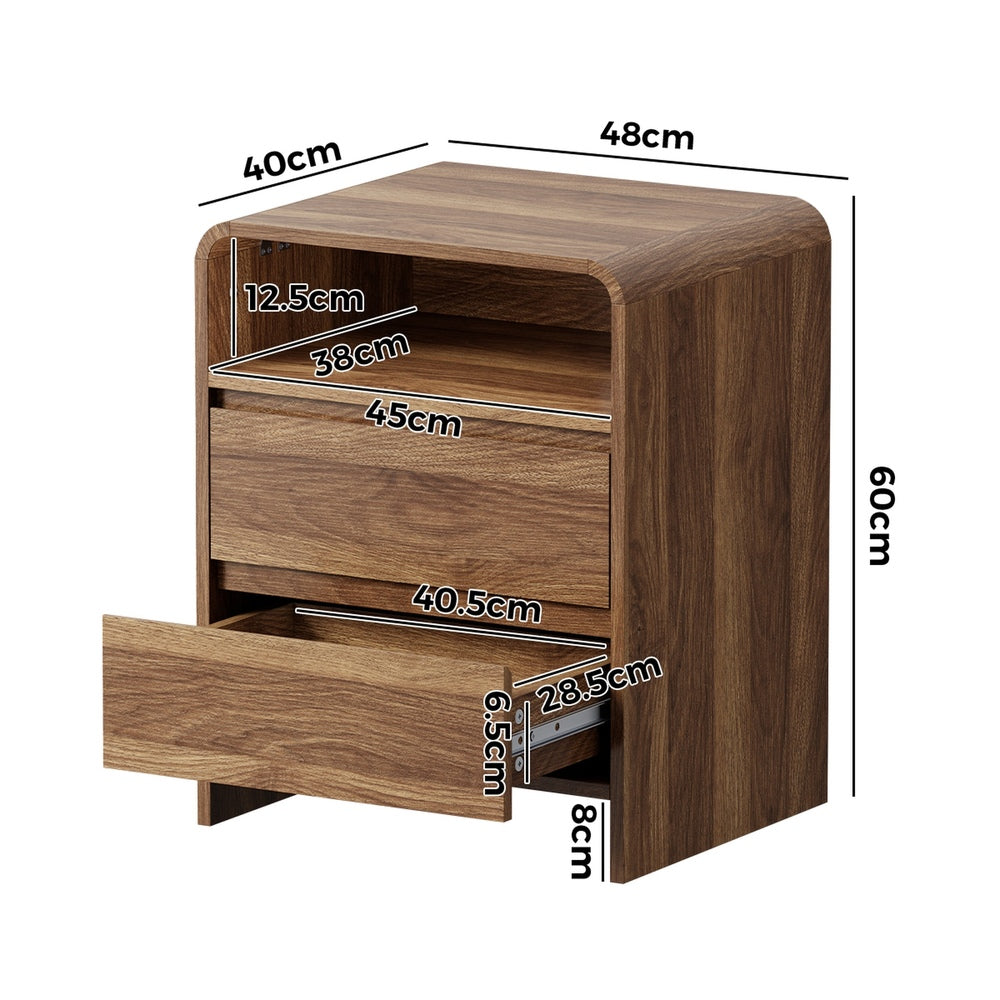 Oikiture 2PC Bedside Tables 2 Drawers Open Shelf Handle-Free Walnut