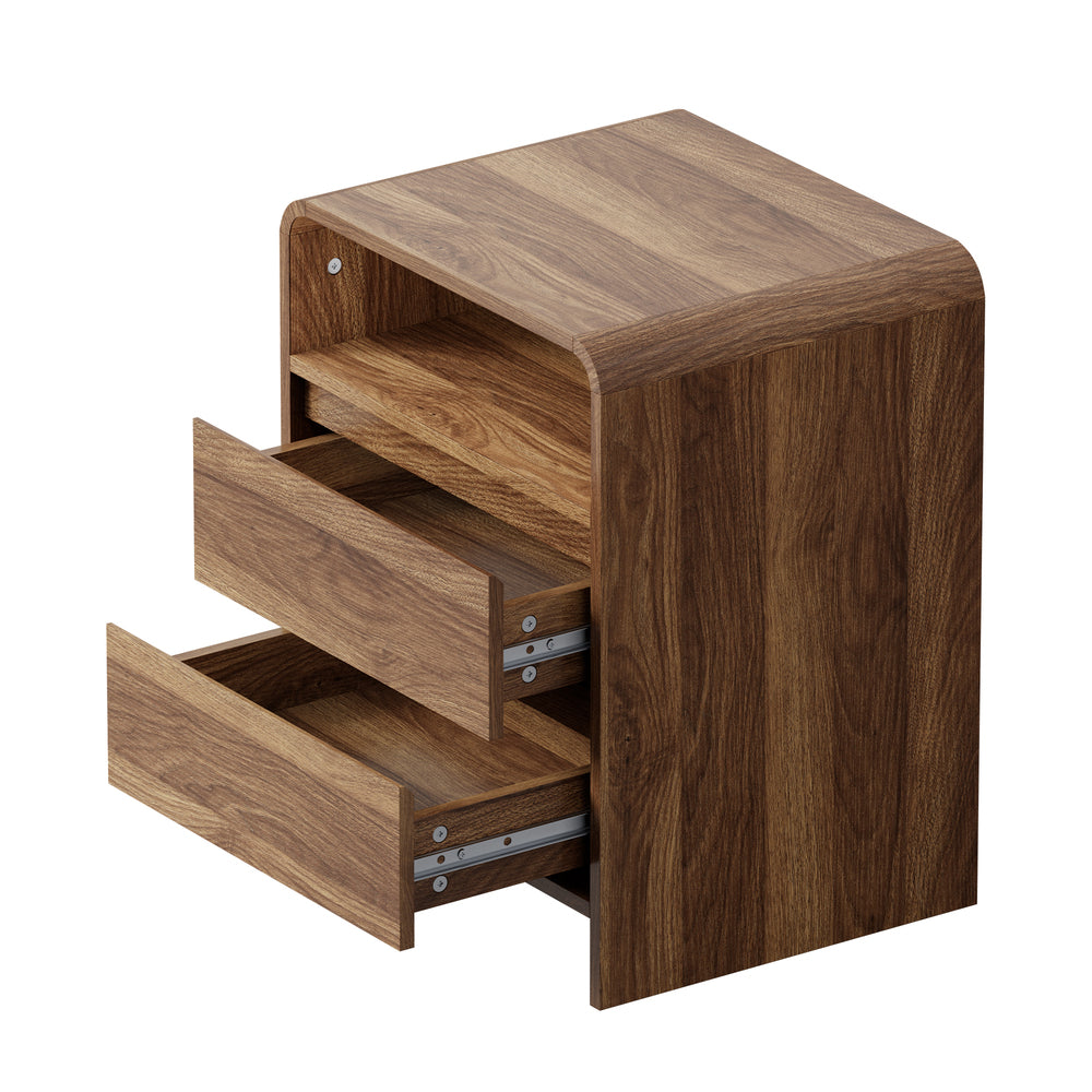 Oikiture 2PC Bedside Tables 2 Drawers Open Shelf Handle-Free Walnut