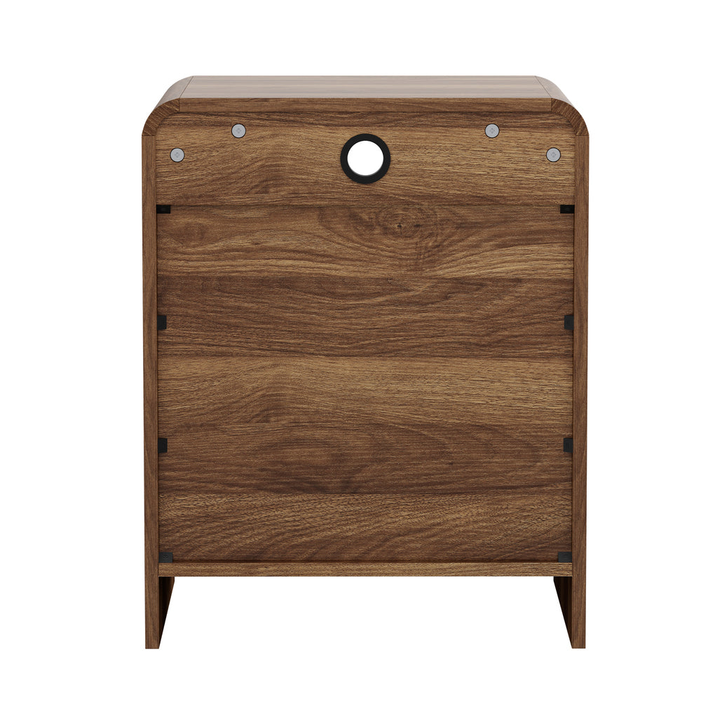Oikiture Bedside Table 2 Drawers Open Shelf Handle-Free Walnut Nightstand