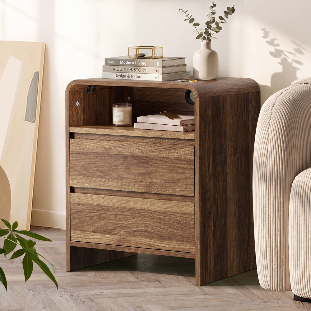 Oikiture 2PC Bedside Tables 2 Drawers Open Shelf Handle-Free Walnut