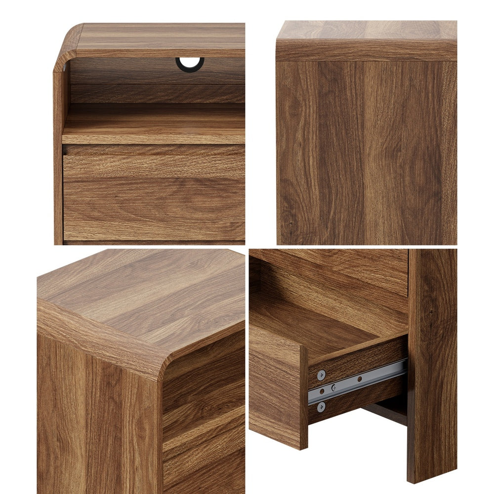 Oikiture Bedside Table 2 Drawers Open Shelf Handle-Free Walnut Nightstand