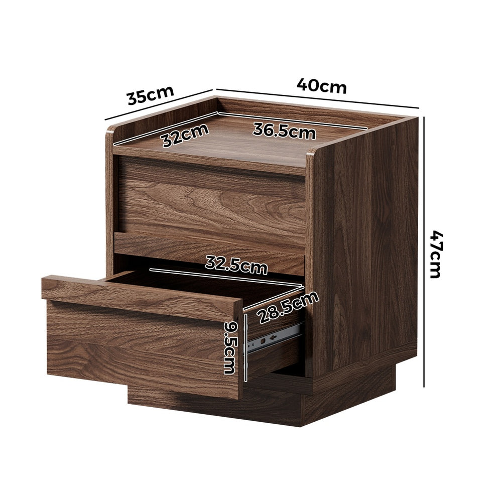 Oikiture Bedside Table with 2 Handle-Free Drawers, 40x35x47cm Nightstand, Walnut