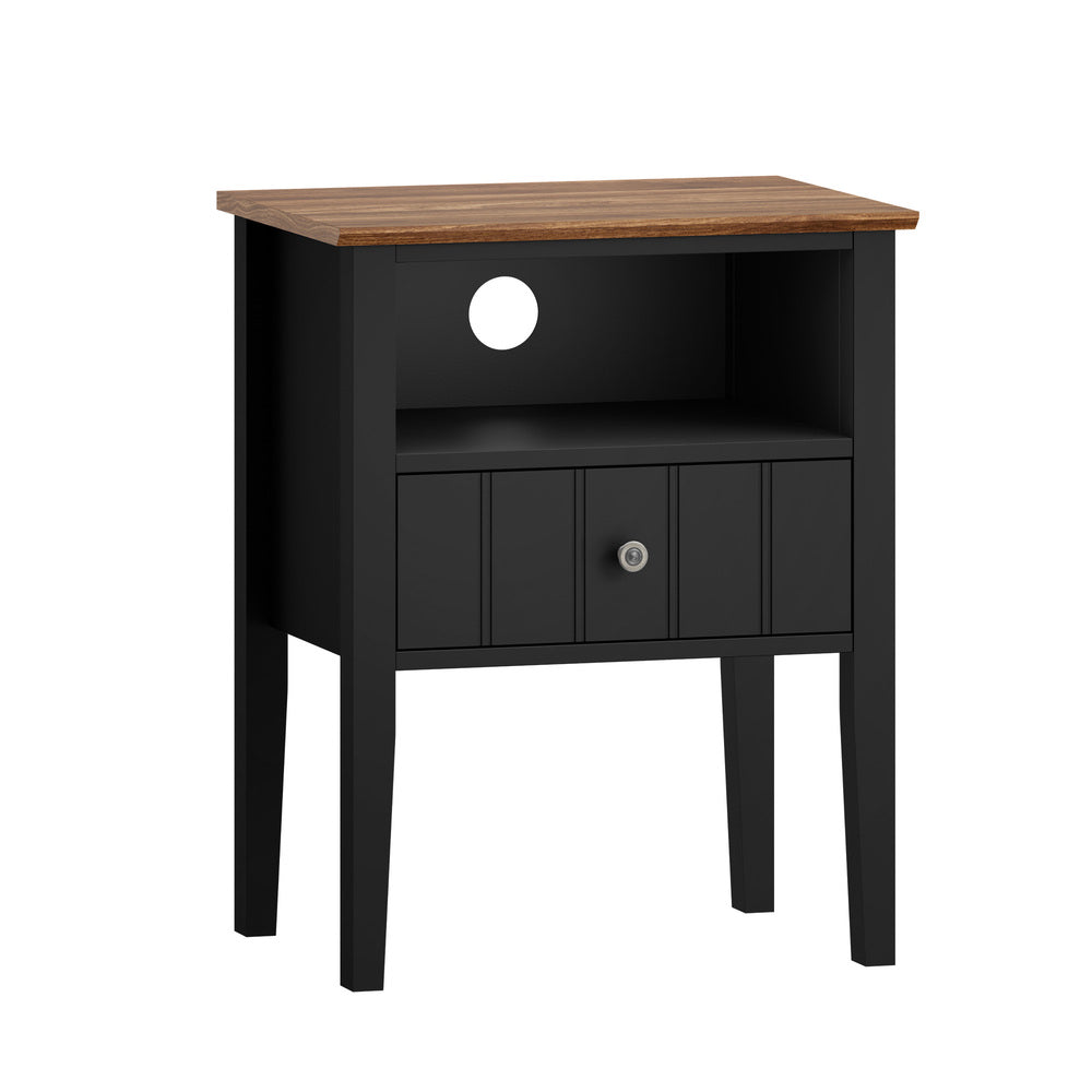 Oikiture Bedside Table 1 Drawer and Shelf Black Farmhouse Nightstand