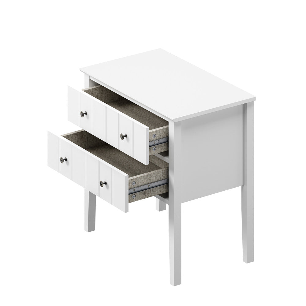Oikiture Farmhouse Bedside Table 2 Drawer White Nightstand Storage