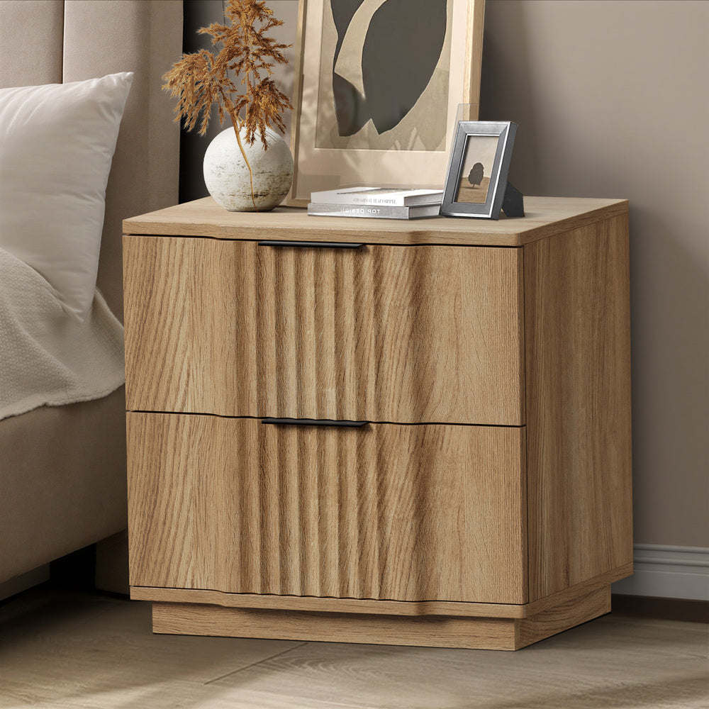 Bedside Table – Fluted Drawer Front, 2 Drawers, Natural Wood Look