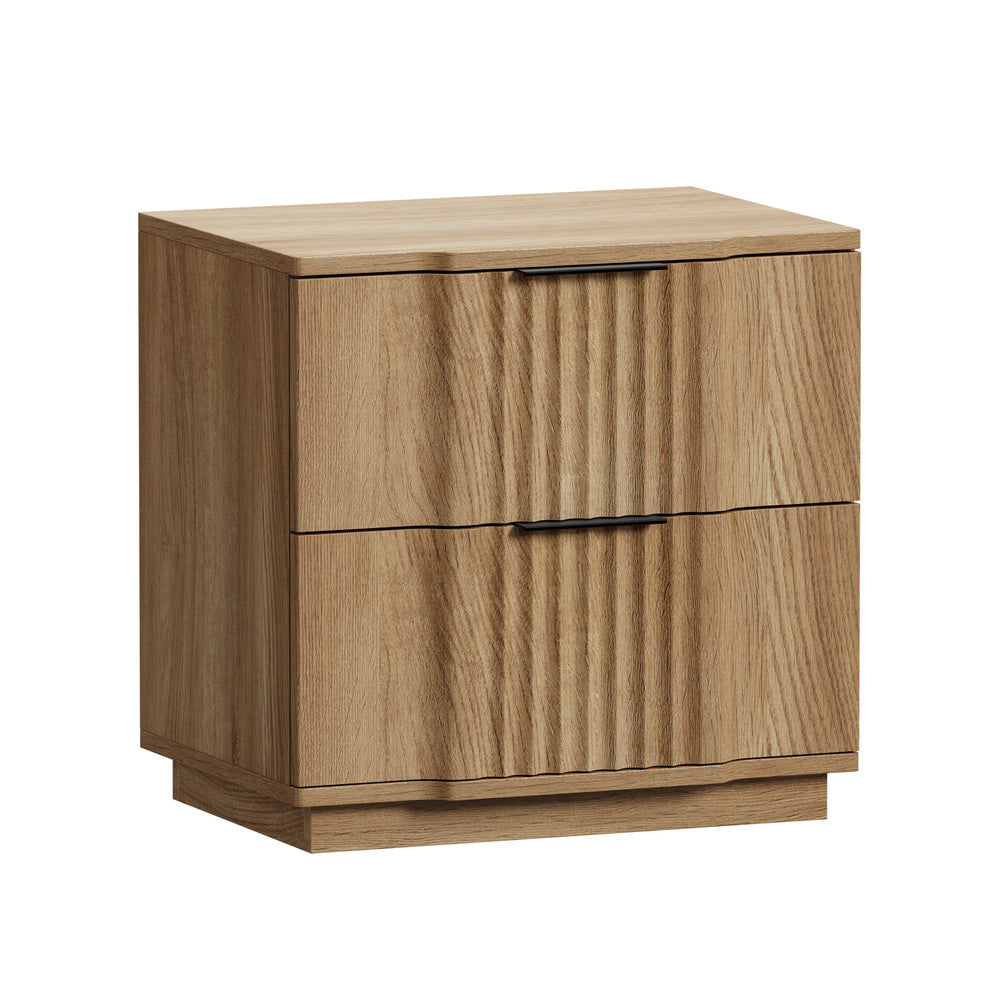 Bedside Table – Fluted Drawer Front, 2 Drawers, Natural Wood Look