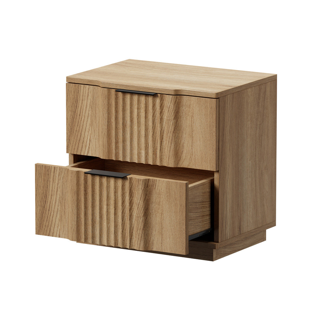 Bedside Table – Fluted Drawer Front, 2 Drawers, Natural Wood Look