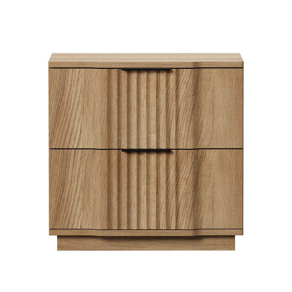 Bedside Table – 2 Drawers, Fluted Design, Wood Grain, Natural (Set of 2)