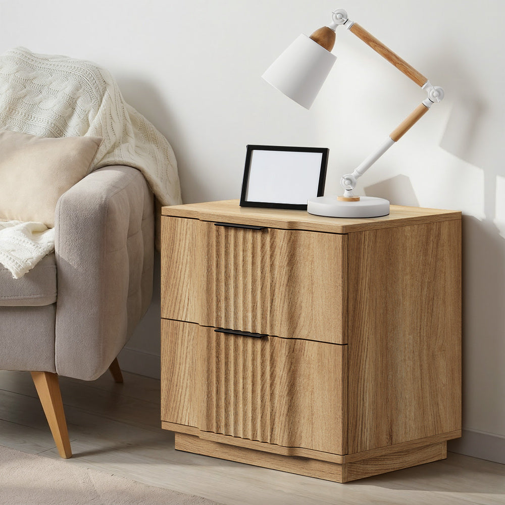 Bedside Table – 2 Drawers, Fluted Design, Wood Grain, Natural (Set of 2)