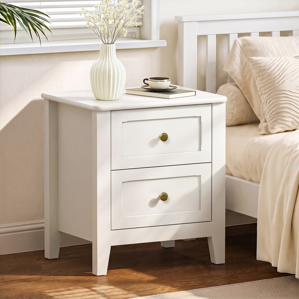 Oikiture Bedside Table with 2 Drawers, White Country Nightstand, Metal Handles