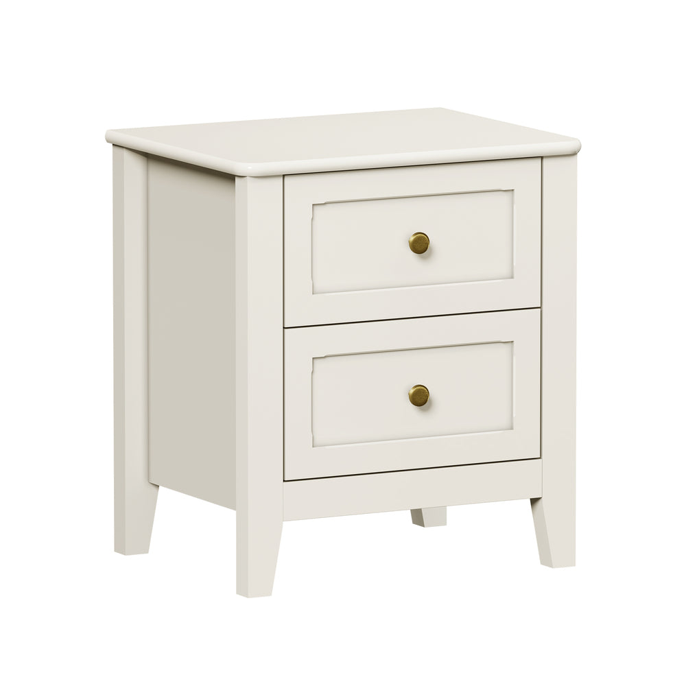 Oikiture Bedside Table with 2 Drawers, White Country Nightstand, Metal Handles