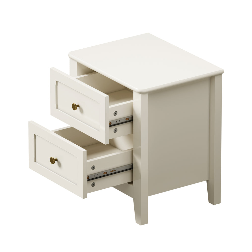 Oikiture Bedside Table with 2 Drawers, White Country Nightstand, Metal Handles