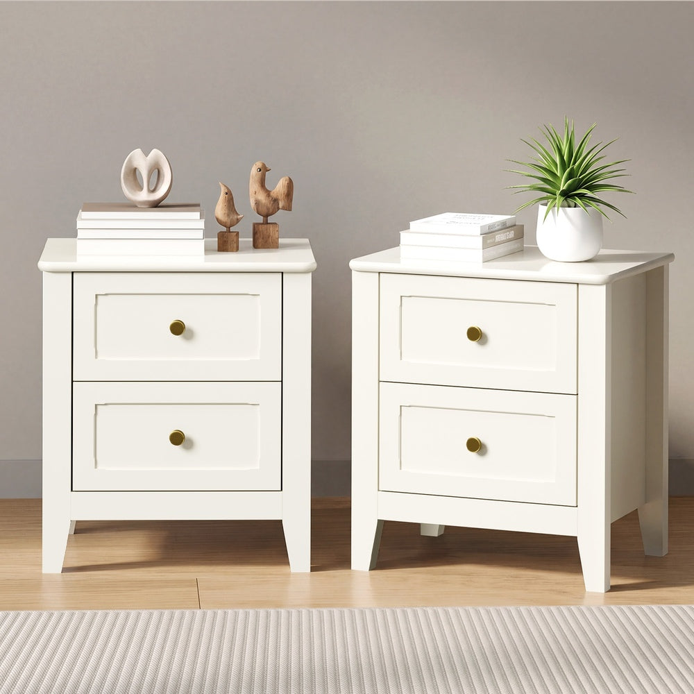 2pc Bedside Table 2 Drawers Metal Handle White