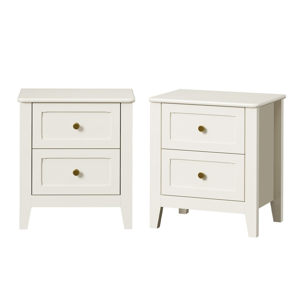 2pc Bedside Table 2 Drawers Metal Handle White