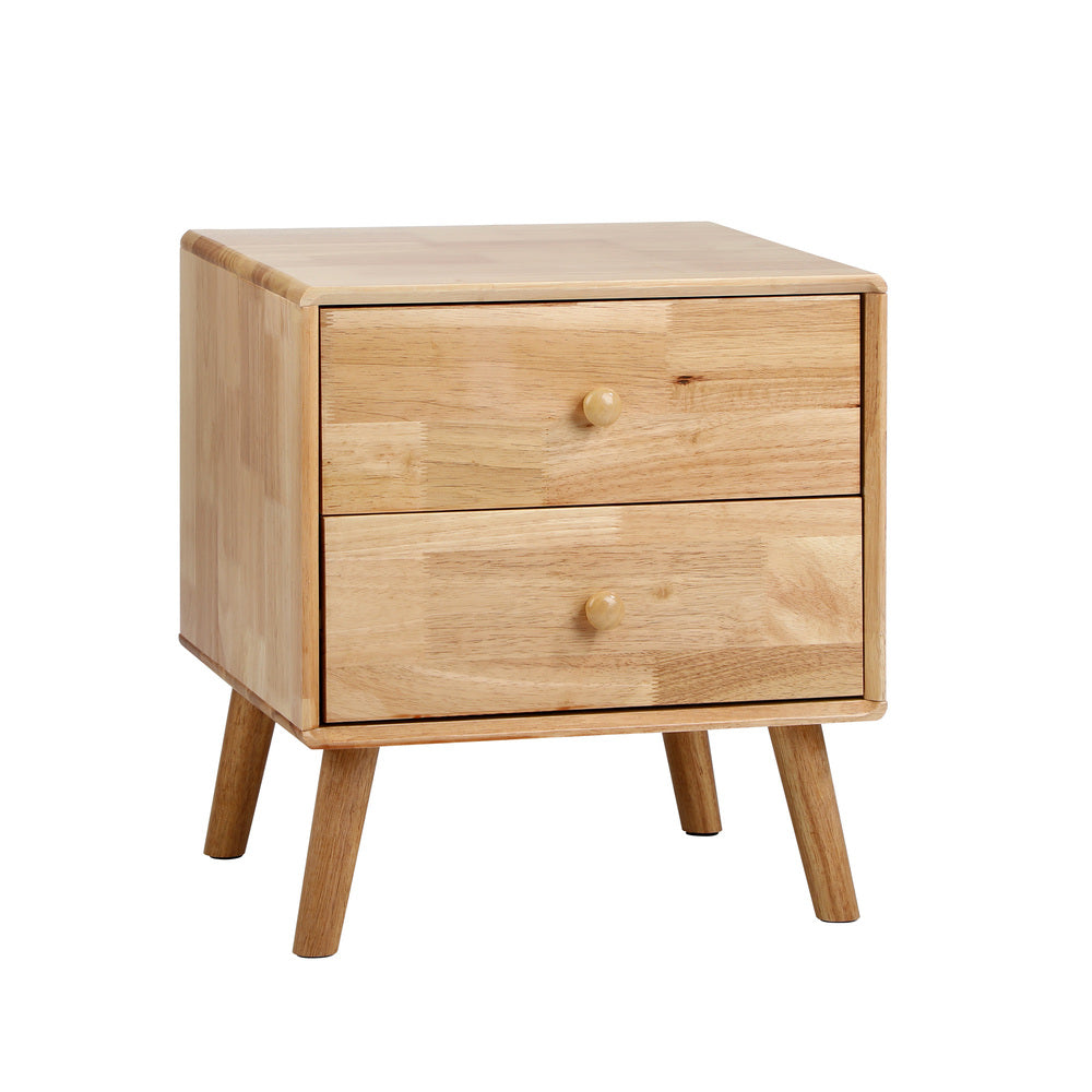 Oikiture Bedside Table 2 Drawers Storage Rubber Wood
