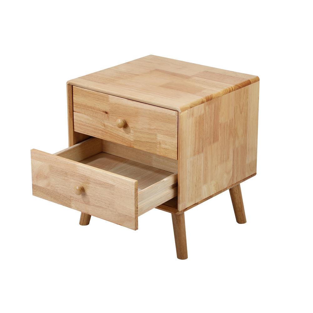 Oikiture Bedside Table 2 Drawers Storage Rubber Wood
