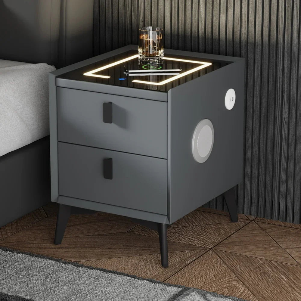 Smart Bedside Table Wireless Charging LED Lights 2 Drawers