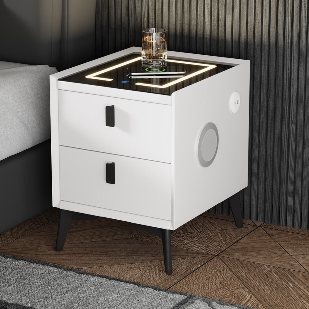Smart Bedside Table Wireless Charging LED 2 Drawers White