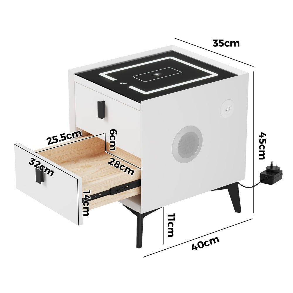 Smart Bedside Table Wireless Charging LED 2 Drawers White