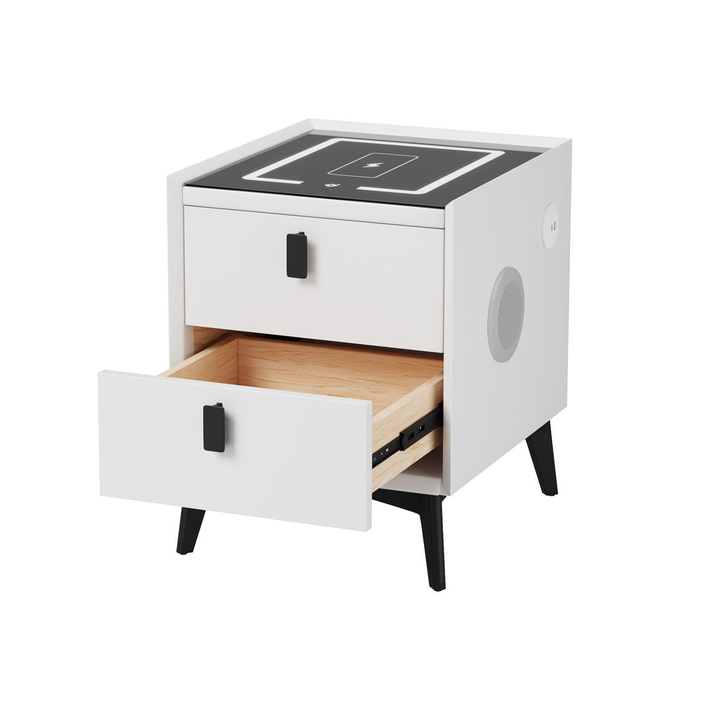Smart Bedside Table Wireless Charging LED 2 Drawers White