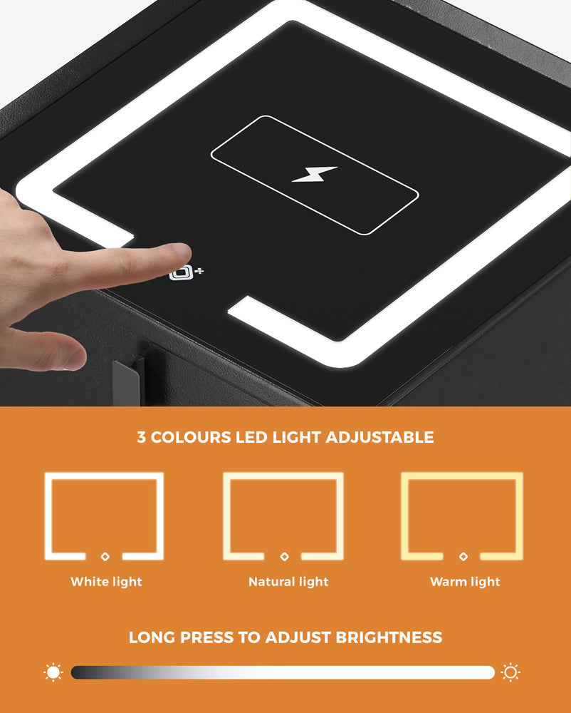 Oikiture Smart Bedside Table Wireless Charging LED Lights 3 Drawers Black