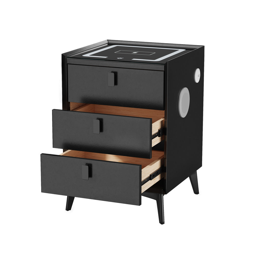 Oikiture 2x Smart Bedside Tables Wireless Charging LED 3 Drawers Black