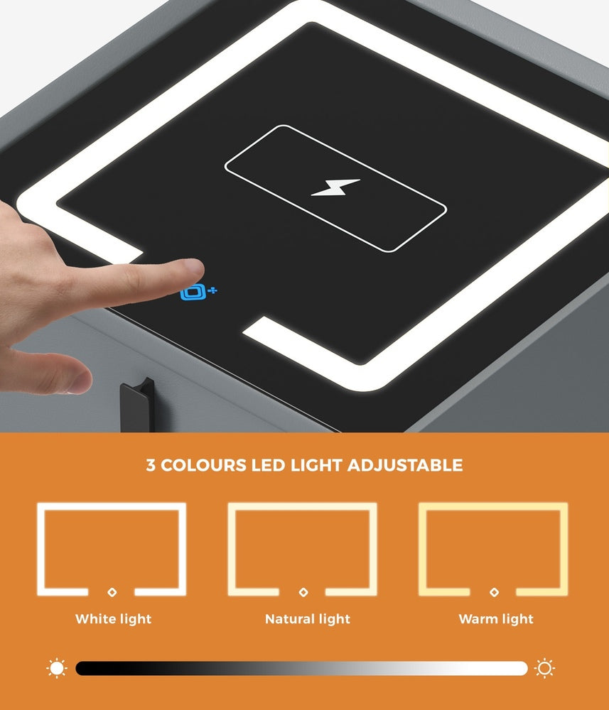 Oikiture Smart Bedside Table Wireless Charging LED Lights 3 Drawers