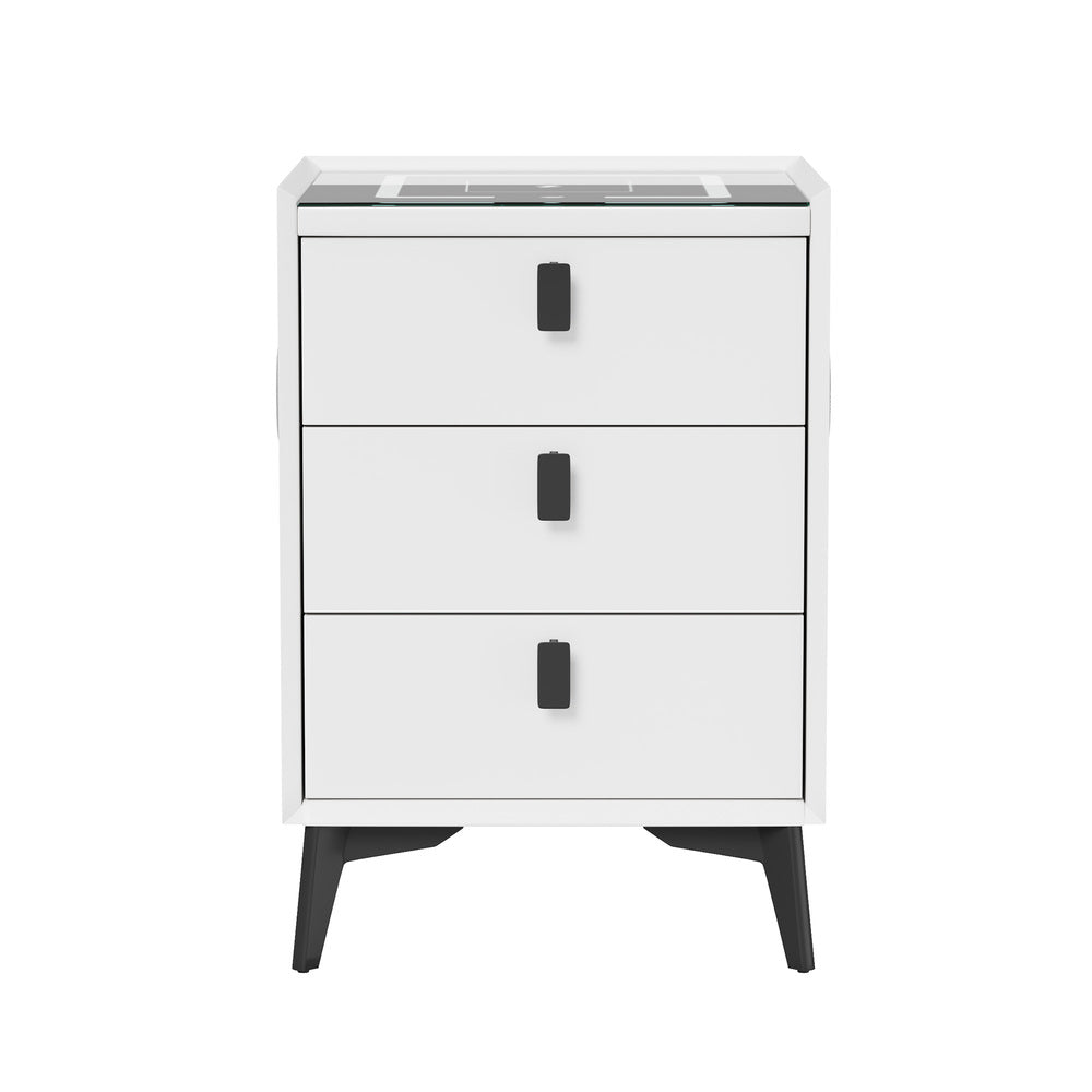 Smart Bedside Table Wireless Charging LED 3 Drawers White