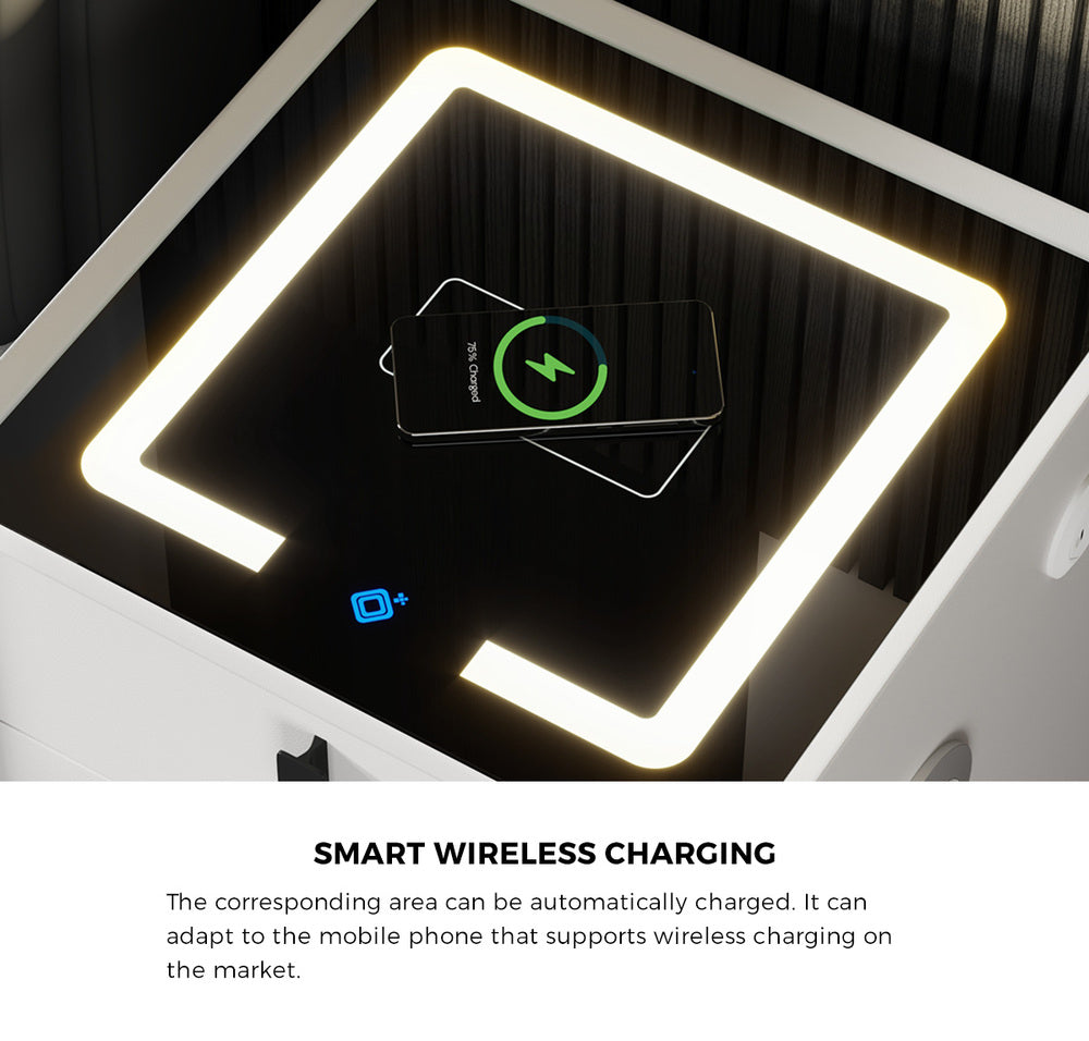 Smart Bedside Table Wireless Charging LED 3 Drawers White