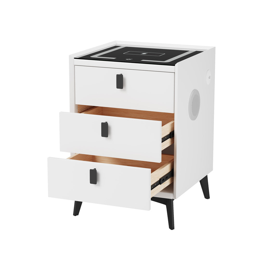 2x Smart Bedside Tables Wireless Charging LED 3 Drawers White