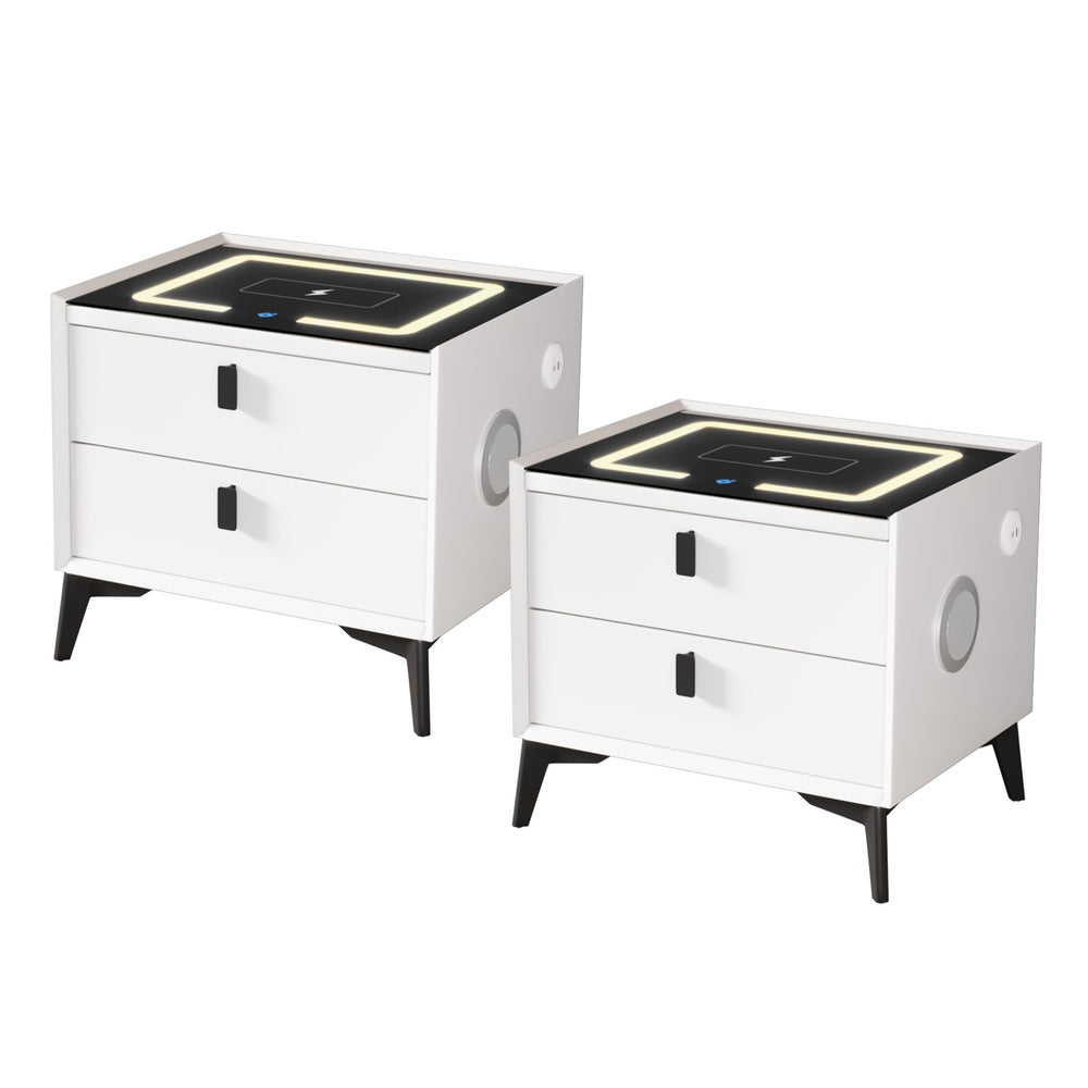 Oikiture 2x Smart Bedside Tables LED Wireless Charging Nightstand White