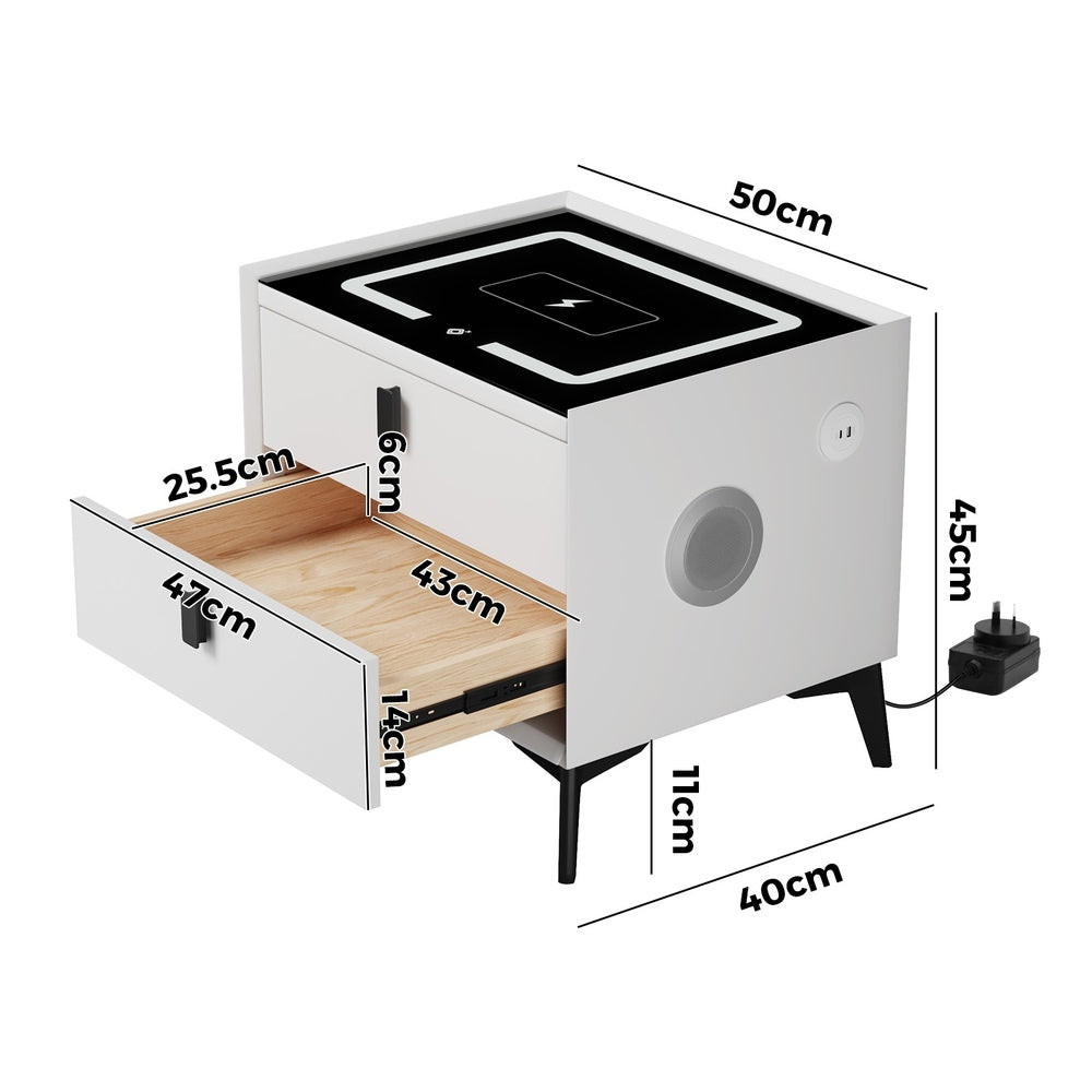 Oikiture 2x Smart Bedside Tables LED Wireless Charging Nightstand White