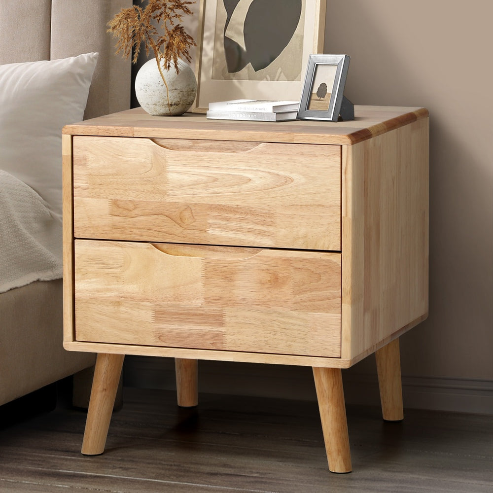 Bedside Table 2‑Drawer – Solid Wood Natural Nightstand Storage