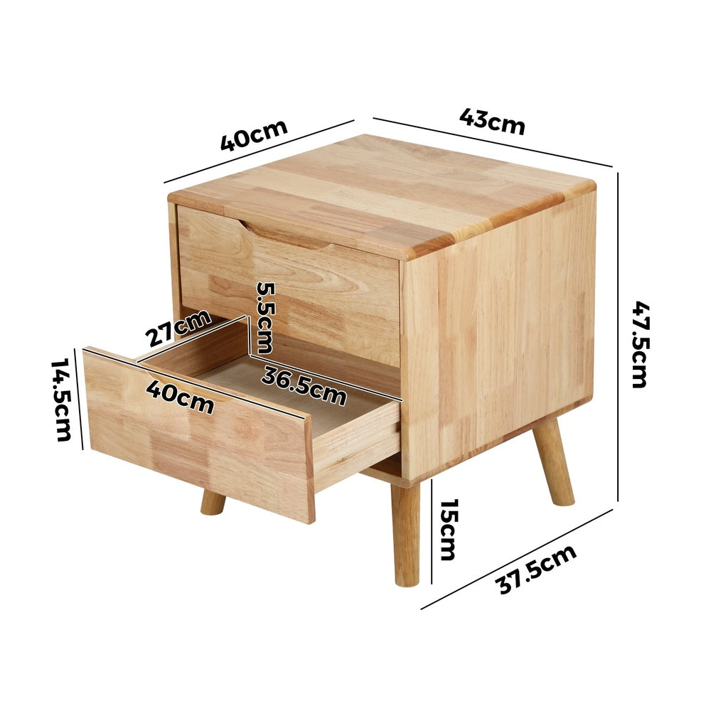 Bedside Table 2‑Drawer – Solid Wood Natural Nightstand Storage