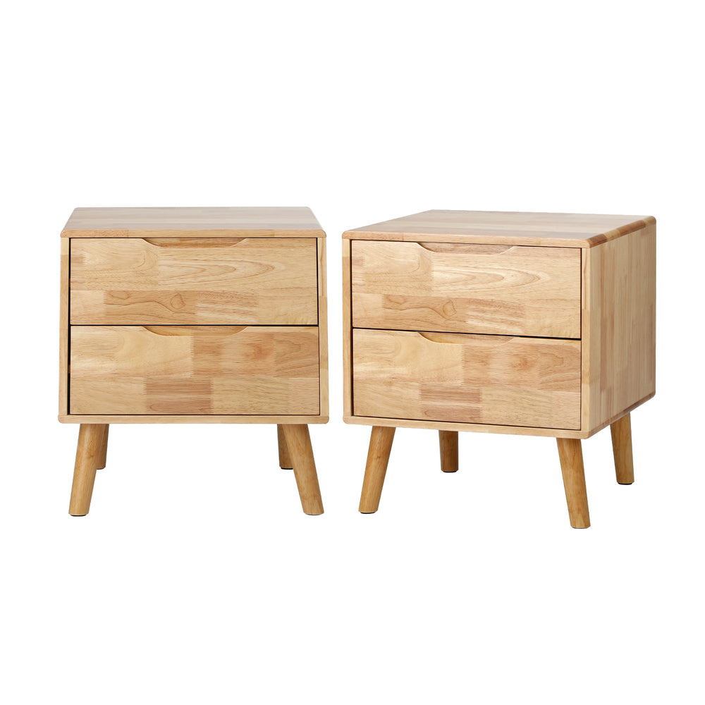 Bedside Tables Set of 2 – Solid Wood 2‑Drawer Natural Nightstands