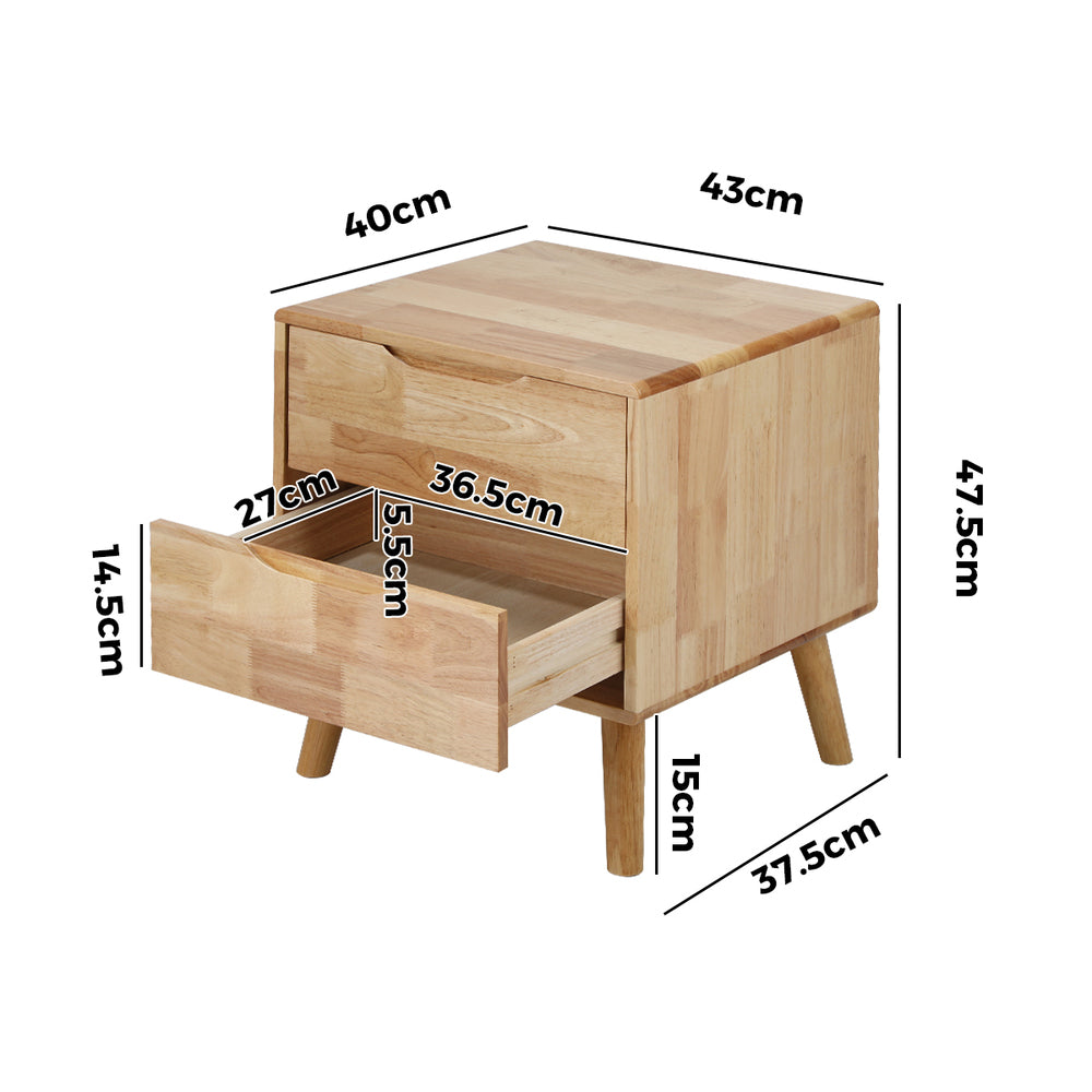 Bedside Tables Set of 2 – Solid Wood 2‑Drawer Natural Nightstands