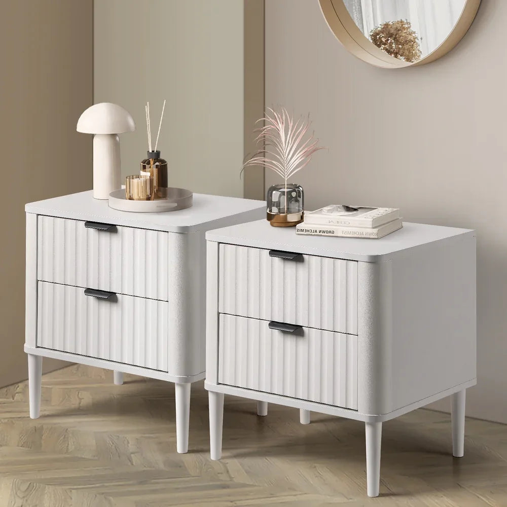 Oikiture 2× Bedside Tables White – 2‑Drawer Nightstands with Wood Legs 48cm