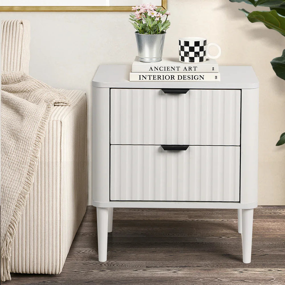 Oikiture 2× Bedside Tables White – 2‑Drawer Nightstands with Wood Legs 48cm