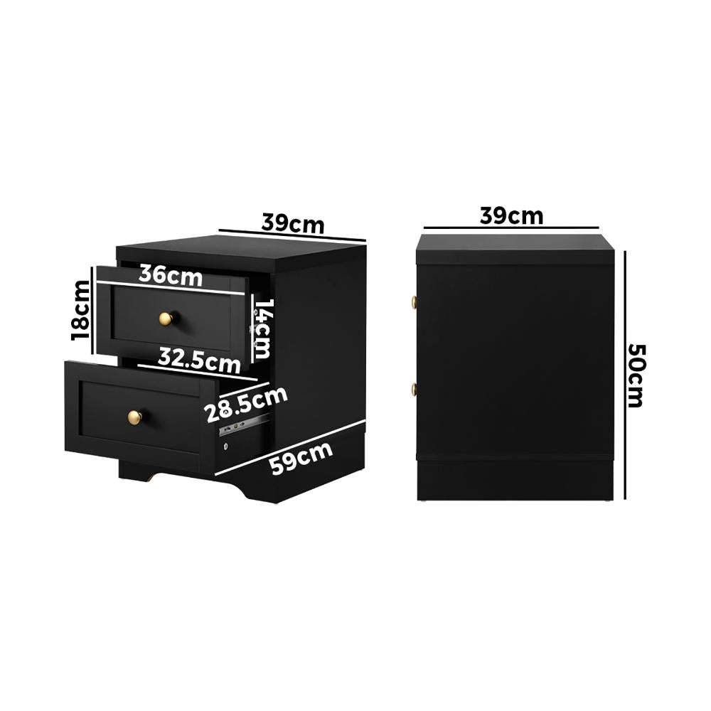 Bedside Table with Alloy Handles 2 Drawers Black