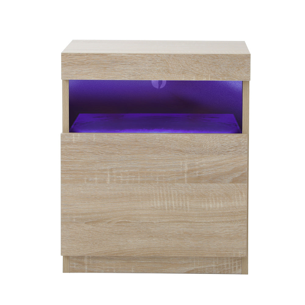 Oikiture Bedside Table LED Nightstand Shelf Natural