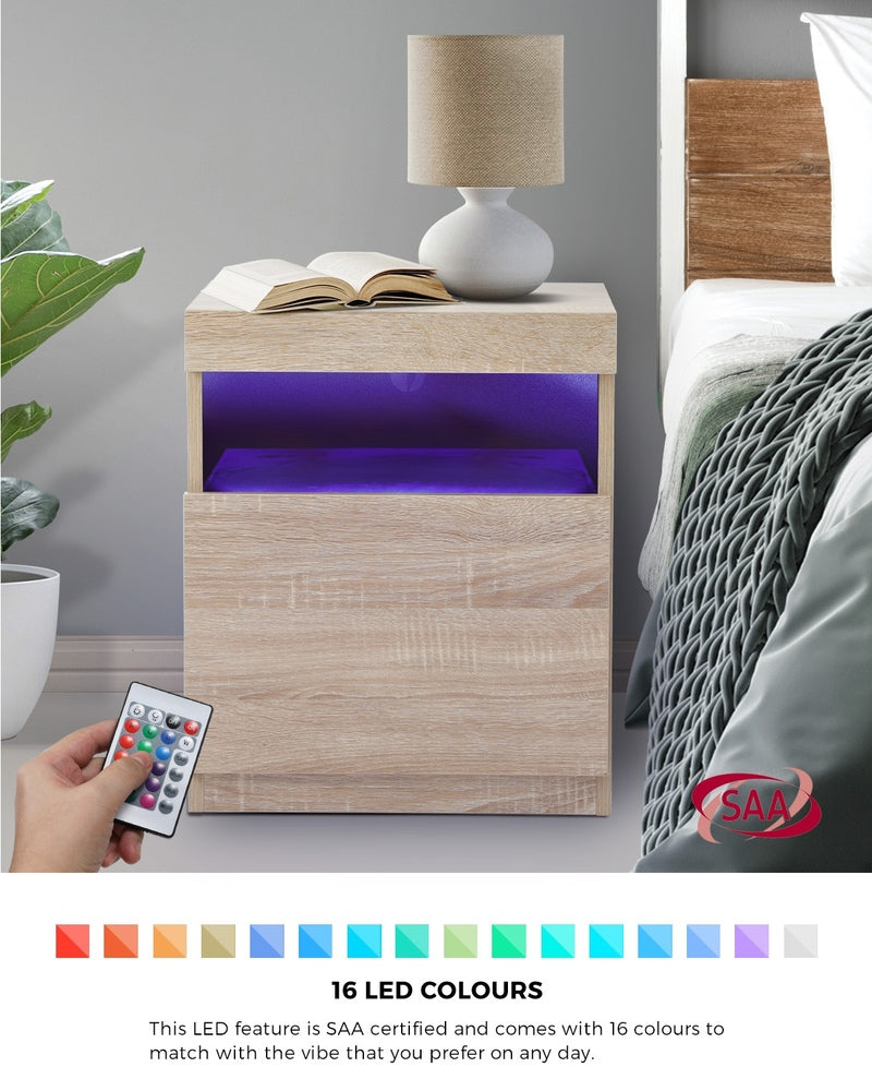 Oikiture Bedside Tables Set of 2 LED Nightstand Shelf Natural