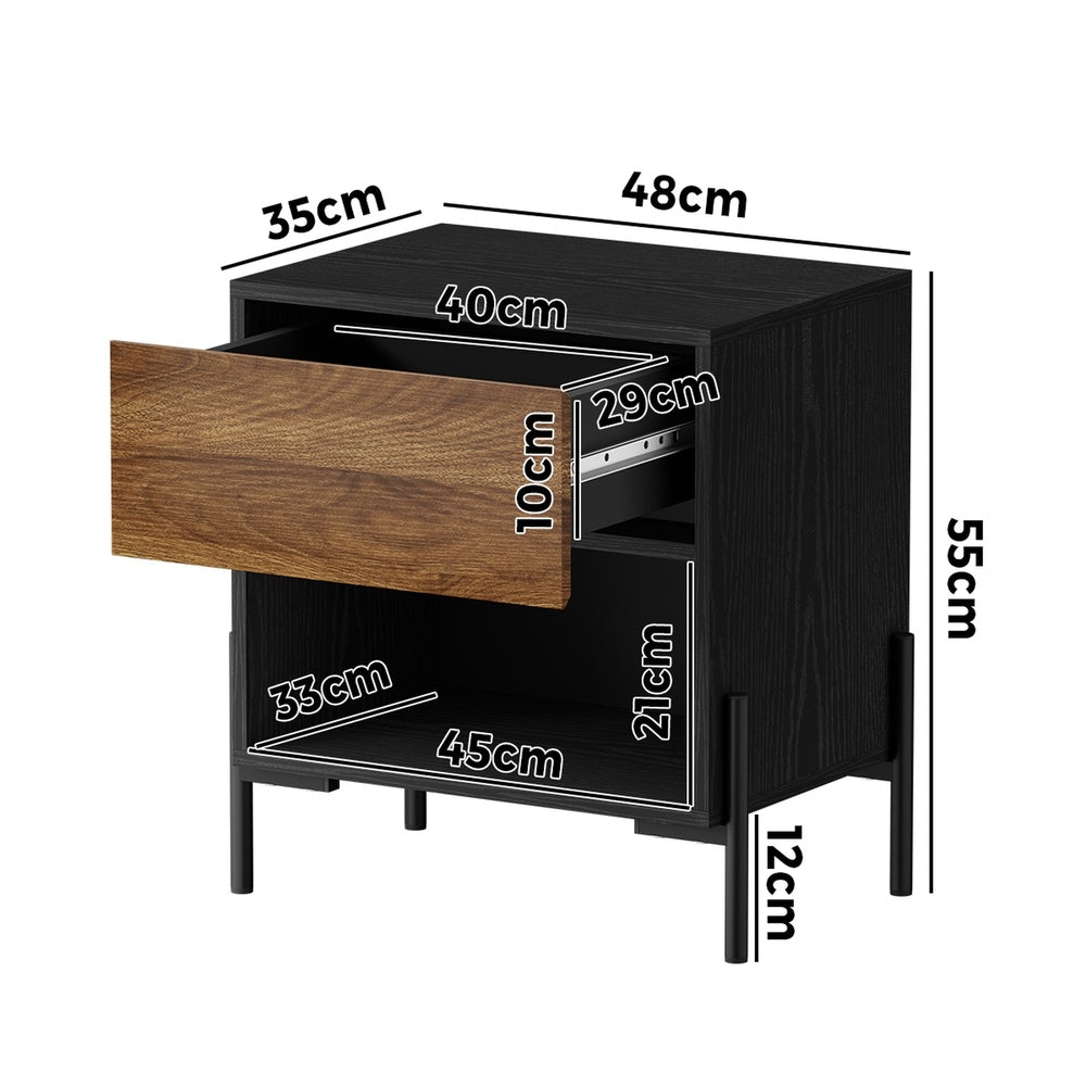 Bedside Table Drawer Nightstand Storage Walnut and Black