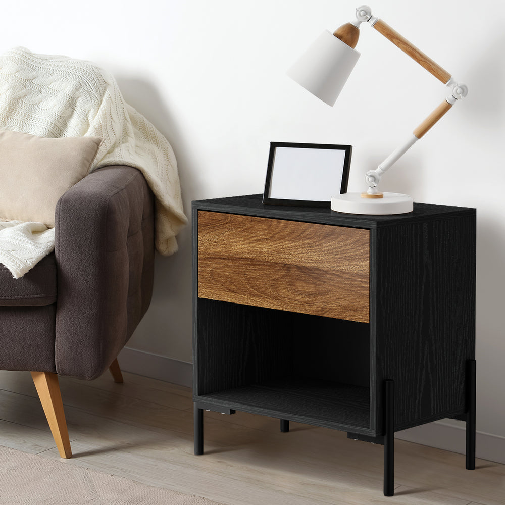 Bedside Table Drawer Nightstand Storage Walnut and Black