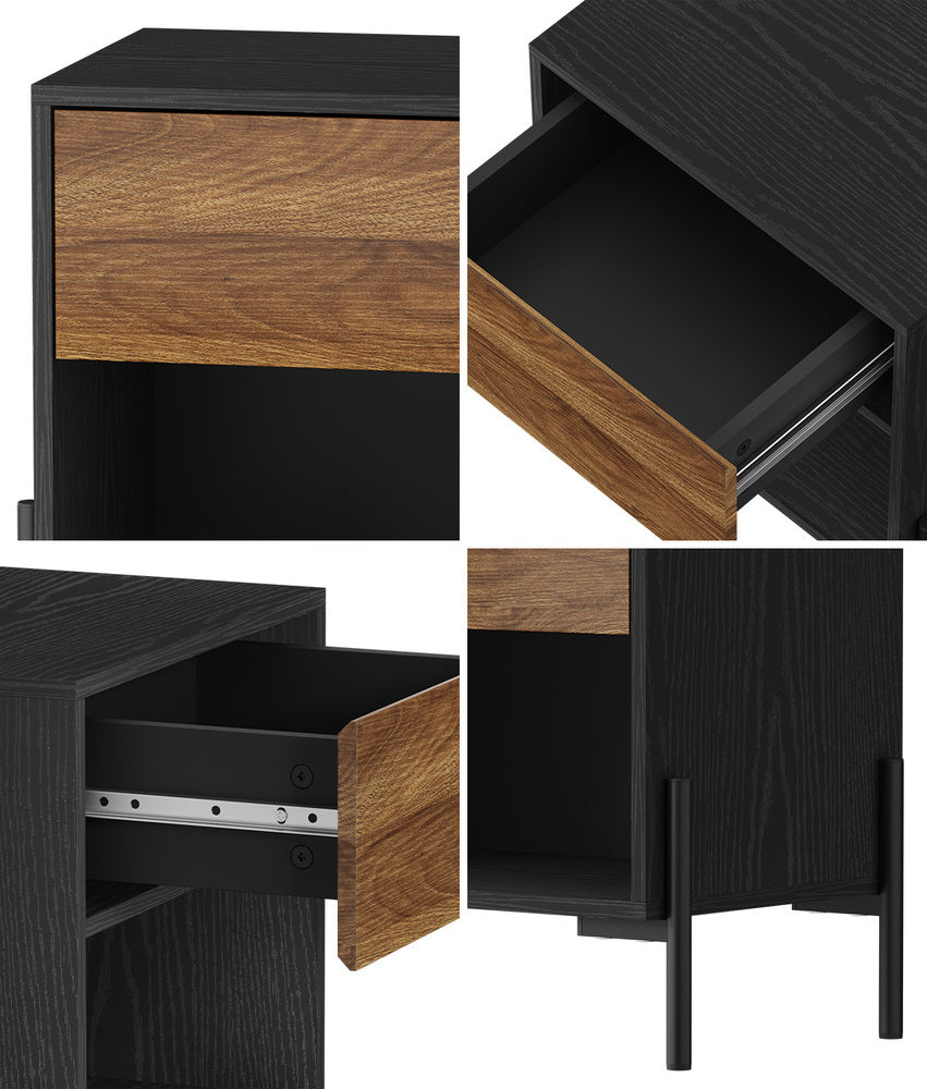 Bedside Table Drawer Nightstand Storage Walnut and Black